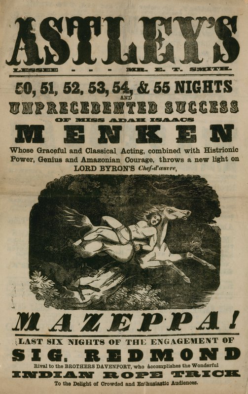 Advert for Astleys Amphitheatre, London, s Mazeppou, v hlavní roli Adah Isaacs Menken od English School