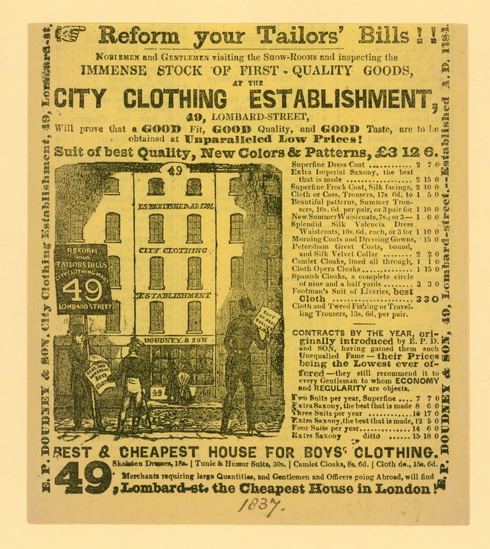 Inzerát firmy Doudney & Son, City Clothing Establishment, 49 Lombard Street, Londýn od English School