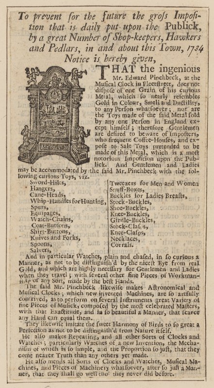 Reklama na Edwarda Pinchbecka, Musical Clock, Fleet Street, Londýn, z roku 1734 od English School