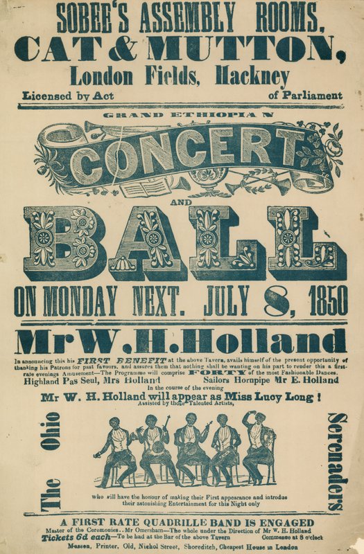Reklama na Velký etiopský koncert a ples, 8. července 1850, v Sobees Assembly Rooms od English School