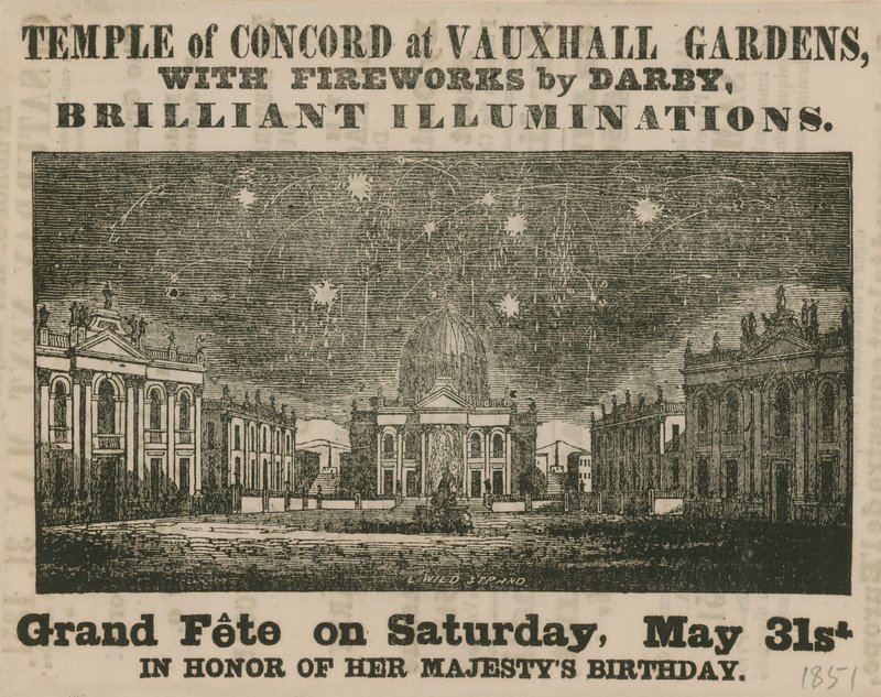 Reklama na Grand Fete v Temple of Concord, Vauxhall Gardens od English School