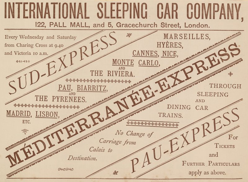Reklama na International Sleeping Car Company, 122 Pall Mall a 5 Graceshurch Street, 1888 od English School