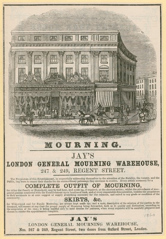 Reklama na Jays, London General Mourning Warehouse, 247 & 249 Regent Street, Londýn od English School