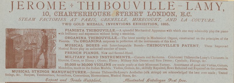 Reklama na výrobce nástrojů Jerome Thibouville-Lamy, 10 Charterhouse Street, Londýn od English School