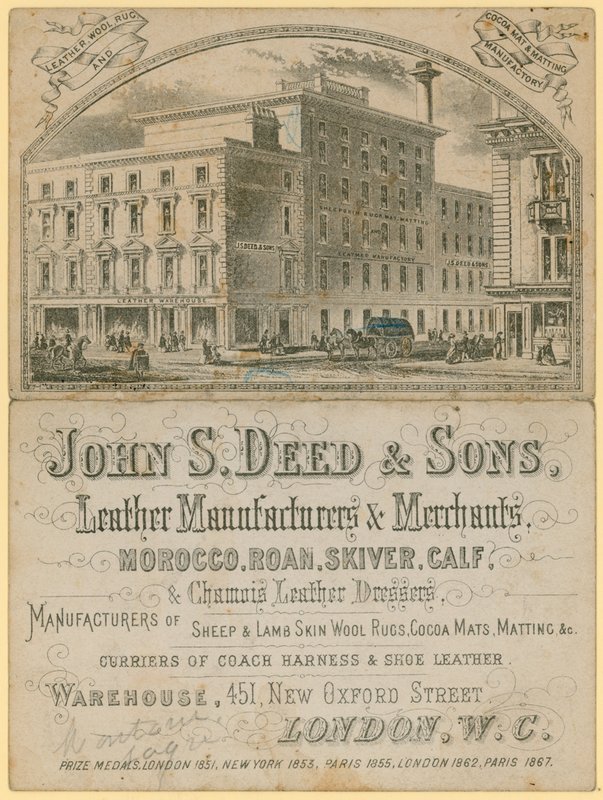 Reklama pro John S Deed & Sons, výrobce a obchodníky s kůží, 451 New Oxford Street, Londýn od English School