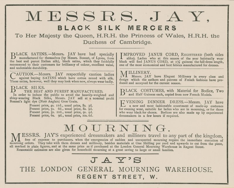 Reklama na pány Jaye, The London General Mourning Warehouse, Regent Street od English School
