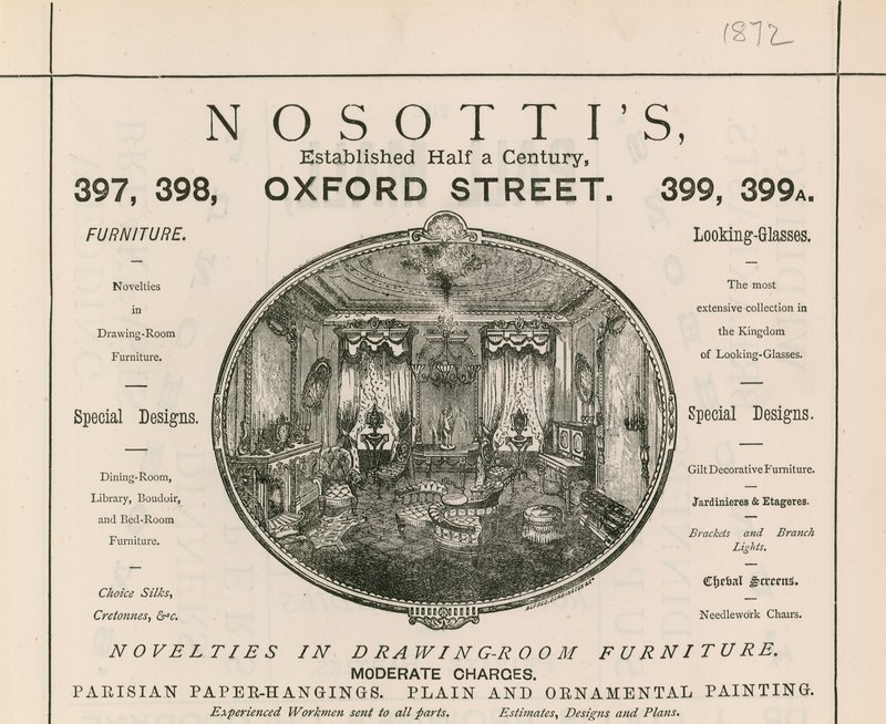Inzerát na prodejnu nábytku Nosotis, Oxford Street 397-399 od English School