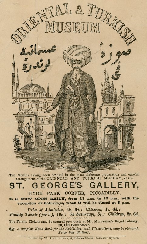 Reklama na Orientální a Turecké muzeum v St Georges Gallery, Hyde Park Corner, Piccadilly, Londýn od English School