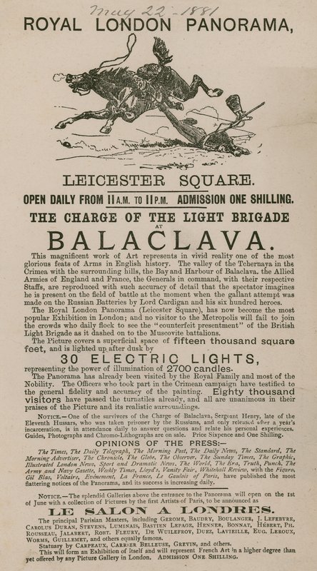 Reklama na Královské londýnské panoráma s velitelem lehké brigády v Balaclavě od English School