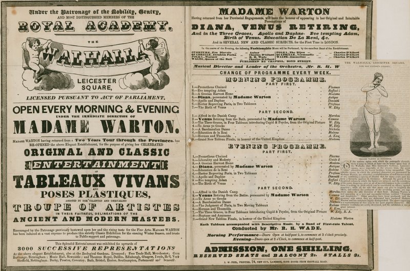 Reklama na The Walhalla, Leicester Square, pod vedením Madame Warton od English School