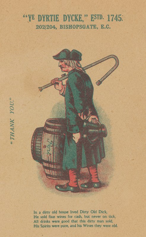 Reklama na Ye Dyrtie Dycke (Dirty Dick), 202-204 Bishopsgate, Londýn od English School