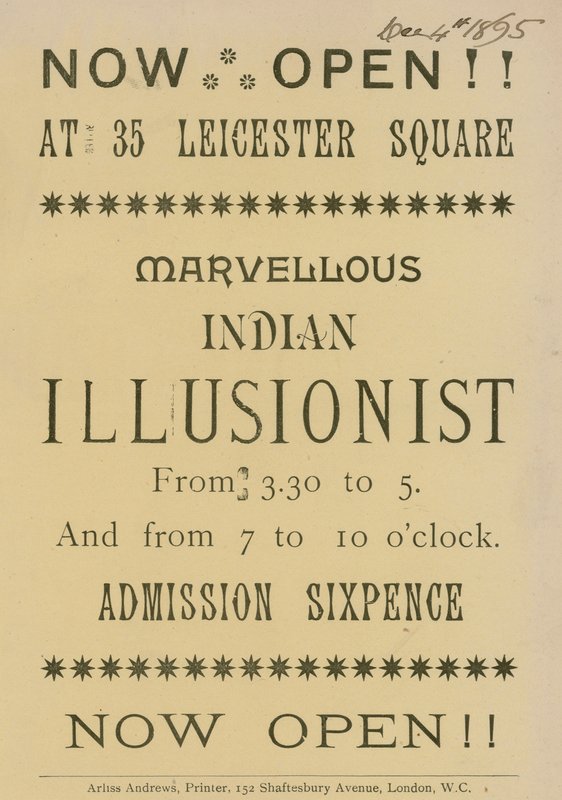 Reklama na indického iluzionistu vystupujícího na 35 Leicester Square v Londýně od English School