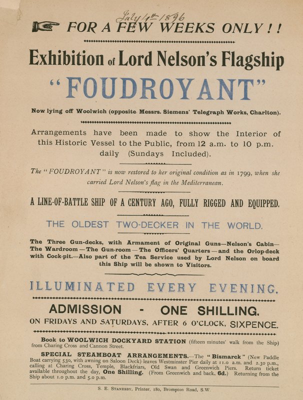 Reklama na výstavu vlajkové lodi Lord Nelsons Foudroyant od English School