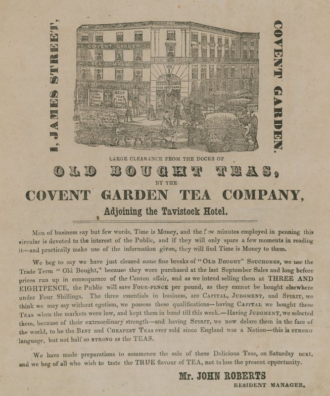 Reklama na staré koupené čaje od Covent Garden Tea Company od English School