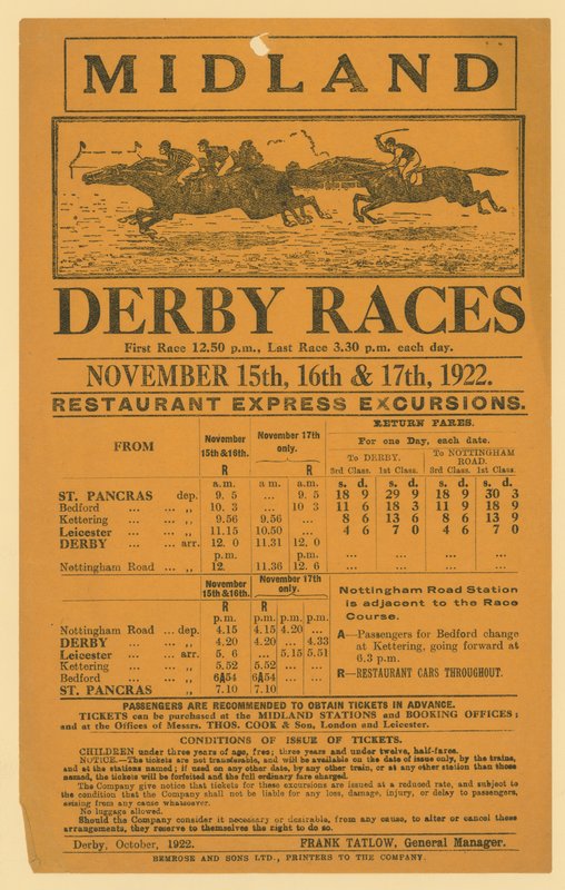 Inzerát na železniční exkurzi na závody Midland Derby, 15.–17. listopadu 1922 od English School
