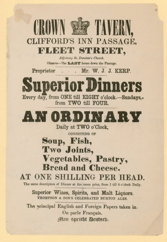 Reklama na Crown Tavern, Cliffords Inn Passage, Fleet Street, Londýn od English School