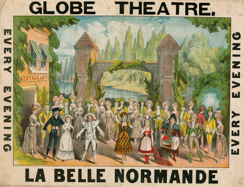 Reklama pro divadlo Globe v Londýně pro La Belle Normande od English School