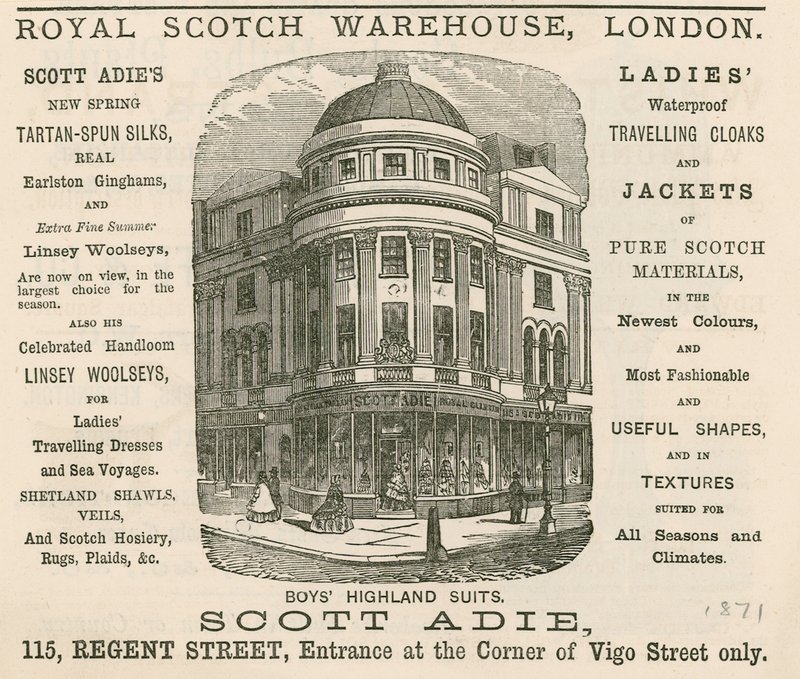 Reklama na Royal Scotch Warehouse, 115 Regent Street, Londýn od English School