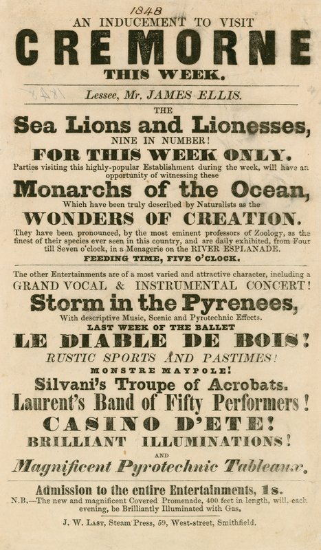 Reklama na vzhled lachtanů a lvic v Cremorne Gardens v Londýně v roce 1848 od English School