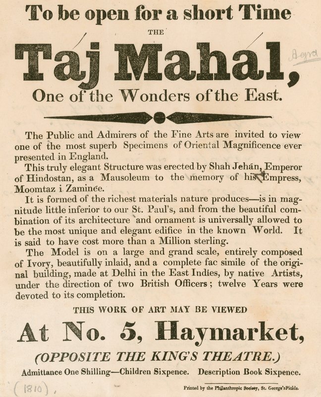 Reklama na výstavu modelu Taj Mahal na 5 Haymarket, Londýn od English School