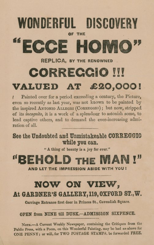 Reklama na výstavu repliky obrazu Ecce Homo od Correggia (Antonio Allegri) od English School
