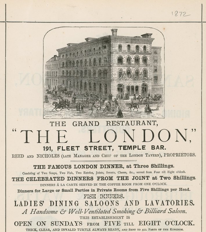 Reklama na velkolepou restauraci The London, 191 Fleet Street, Temple Bar od English School