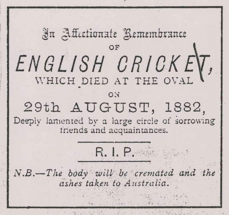 Reklama ze Sporting Times v srpnu 1882, která představila koncept The Ashes od English School
