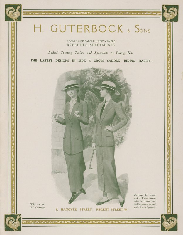 Reklama na H Guterbock & Sons, dámské sportovní krejčí a specialisty na jezdecký kit (barva lito) od English School