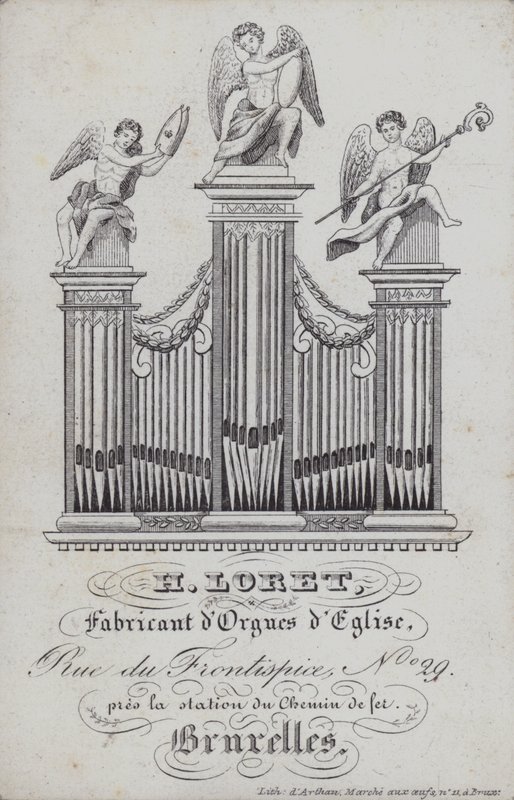 Reklama na firmu H Loret, výrobce kostelních varhan, Brusel, Belgie (litografie) od English School