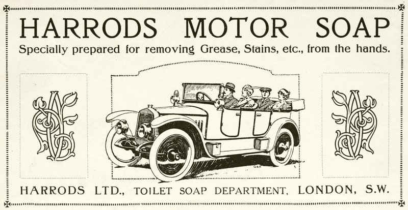 Reklama na motorové mýdlo Harrods (litho) od English School