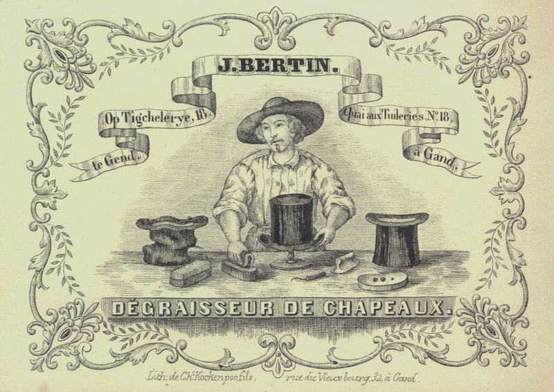 Reklama na J Bertin, čistič klobouků, Gent, Belgie (litho) od English School