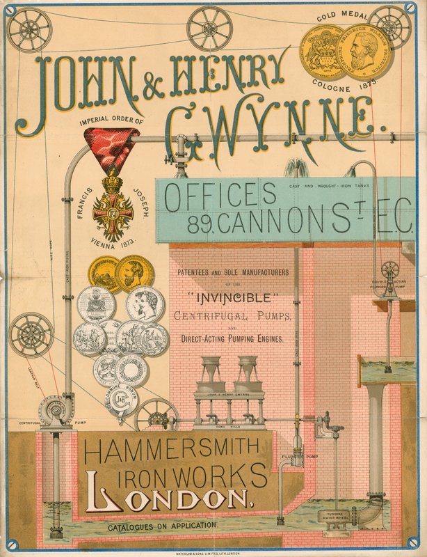 Reklama na firmu John and Henry Gwynne, 89 Cannon Street, Londýn, výrobce odstředivého čerpadla Invincible od English School