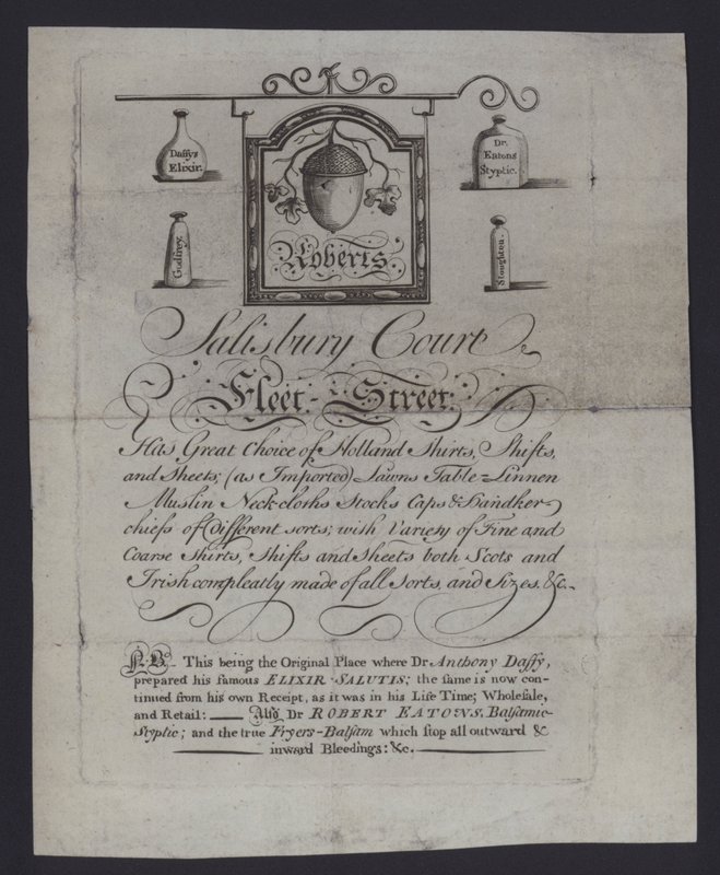 Reklama pro Roberts, obchodníky s látkami, Salisbury Court, Fleet Street, Londýn, kde Dr. Anthony Daffy připravil svůj Elixir Salutis (rytina) od English School