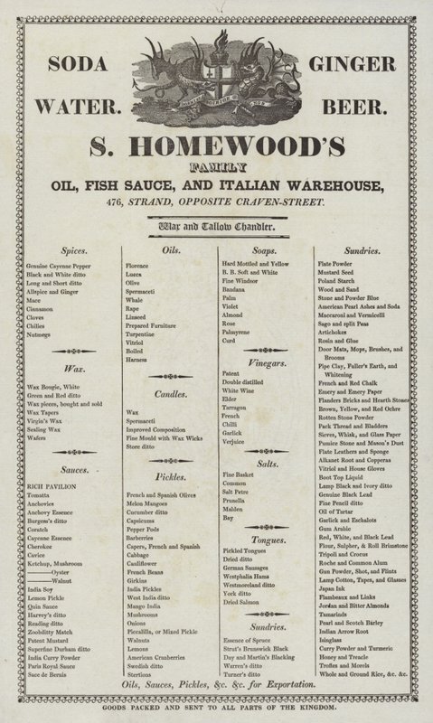 Reklama na olej S Homewoods, rybí omáčku a italský sklad od English School