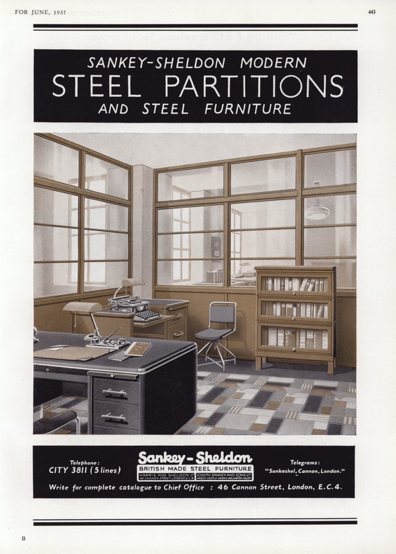 Reklama na ocelové příčky Sankey-Sheldon, 1937 od English School