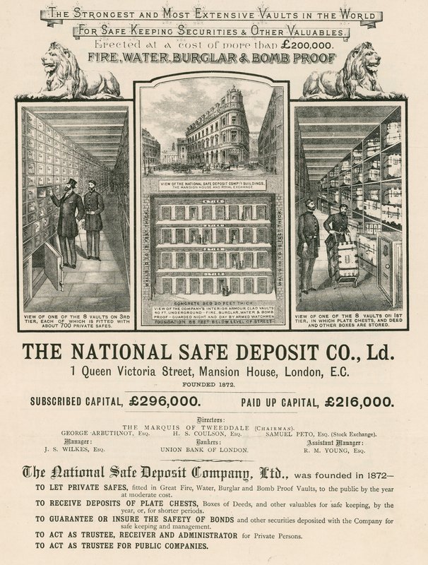 Reklama pro The National Safe Deposit Company, 1 Queen Victoria Street, Mansion House, Londýn od English School