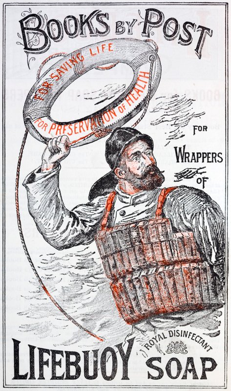 Reklama na knihy poštou výměnou za sběr obalů mýdla Lifebuoy (barva litho) od English School