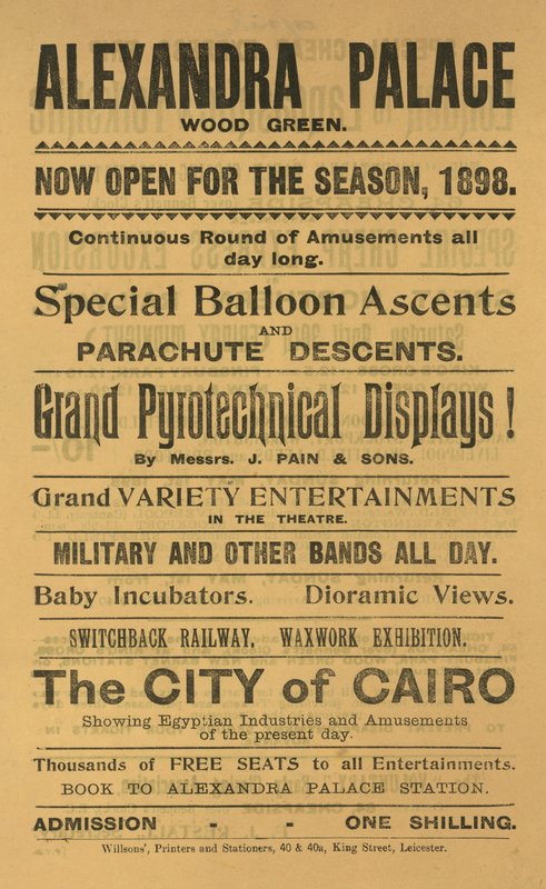 Reklama na sezónu 1898 v Alexandra Palace od English School