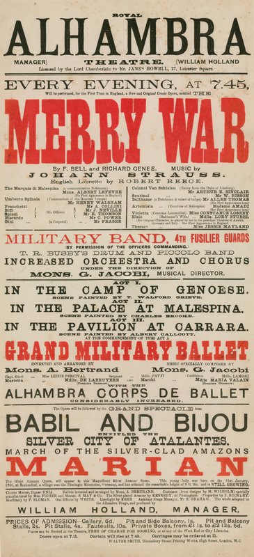 Reklama pro Royal Alhambra Theatre, kde vystupuje Merry War od F Bella a Richarda Geneeho s hudbou Johanna Strausse od English School