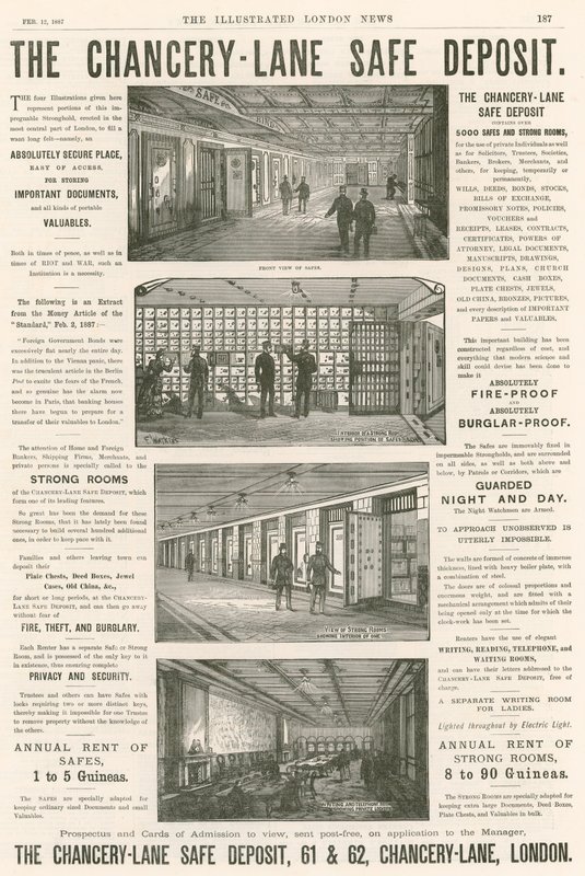 Reklama na bezpečný vklad Chancery Lane, 61-62 Chancery Lane, Londýn; od English School