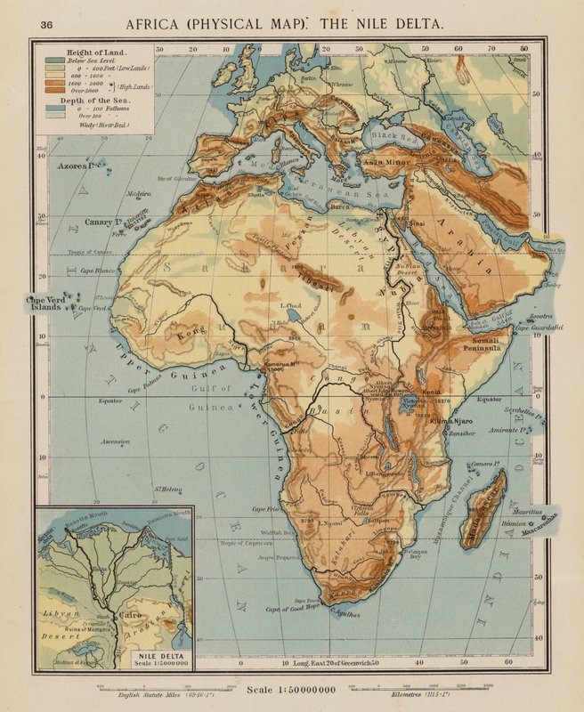 Afrika, Fyzická mapa, delta Nilu (barevná litografie) od English School