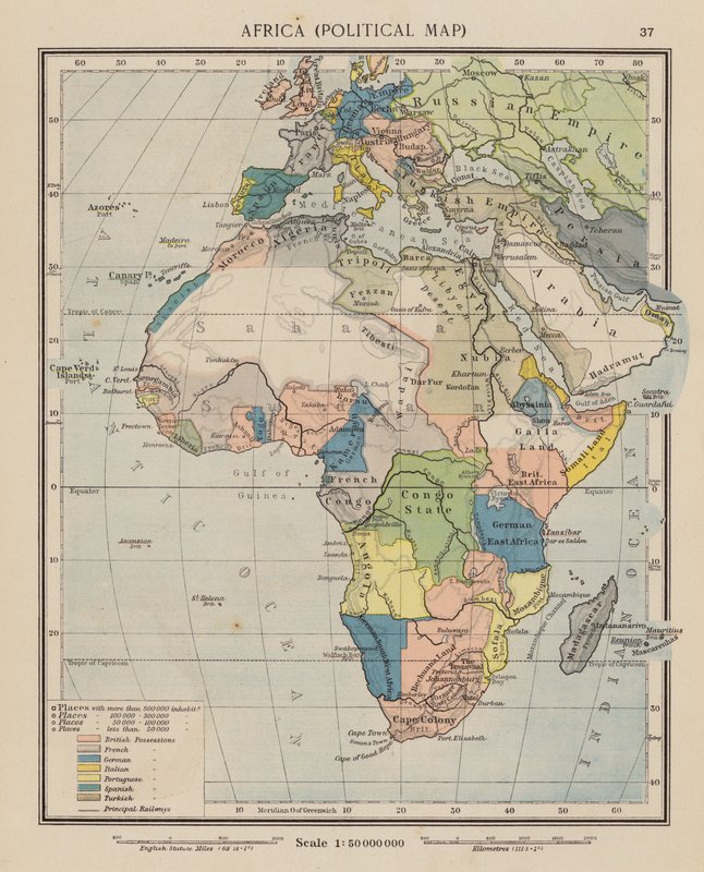 Afrika, politická mapa (barevná litografie) od English School