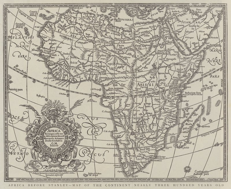 Afrika před Stanleyem, téměř tři sta let stará mapa kontinentu (rytina) od English School