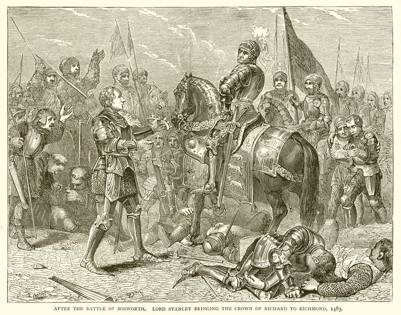 Po bitvě u Bosworthu. Lord Stanley přináší Richardovu korunu do Richmondu, 1483 od English School