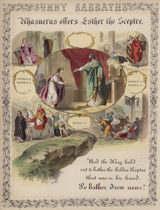 Ahasver nabízí Ester žezlo (barevná rytina) od English School