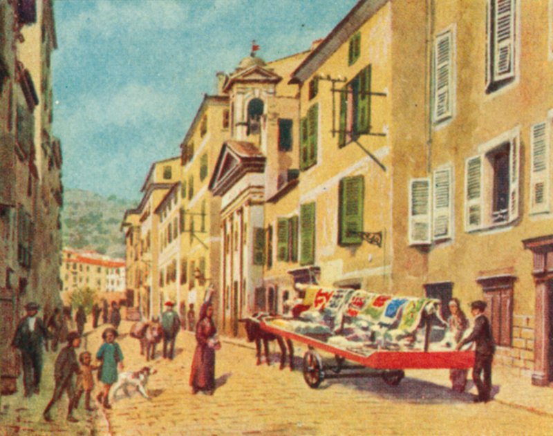 Ajaccio, Korsická magistrála (barevná litografie) od English School