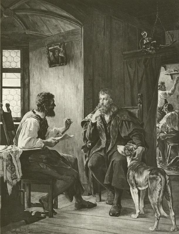 Albert Durer navštíví Hanse Sachse (rytina) od English School