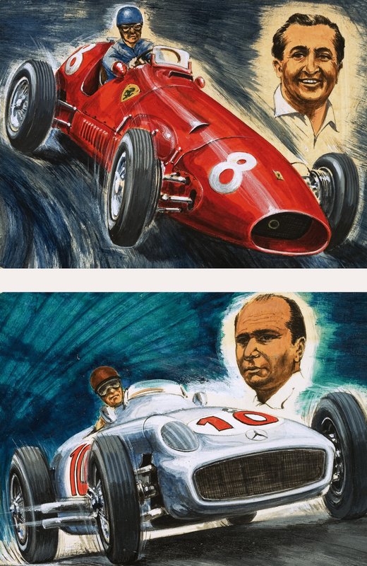 Alberto Ascari za volantem Maserati (nahoře) a Juan Manuel Fangio za volantem Mercedes-Benz (dole) od English School