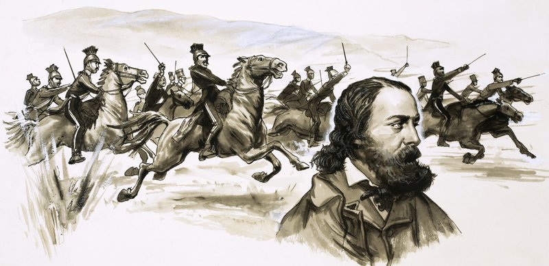 Alfred Tennyson s velitelem lehké brigády v pozadí od English School