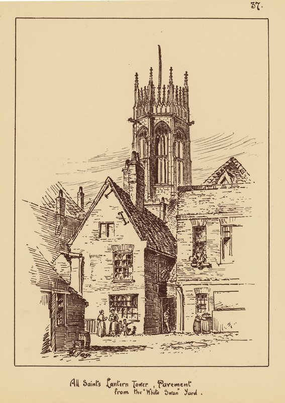 Všech svatých, lucerna, chodník, z nádvoří "Bílé labutě" (litografie) od English School